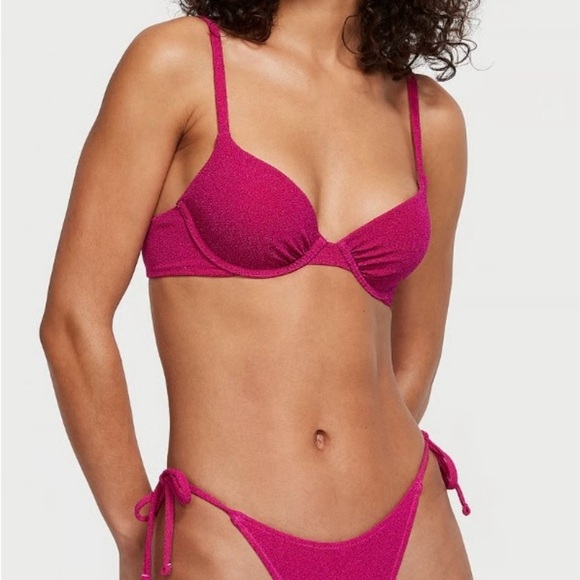 Victoria’s Secret Bikini Set M Pink Shimmer Underwire Top & Tie Bottom Swim NWT - Picture 2 of 13